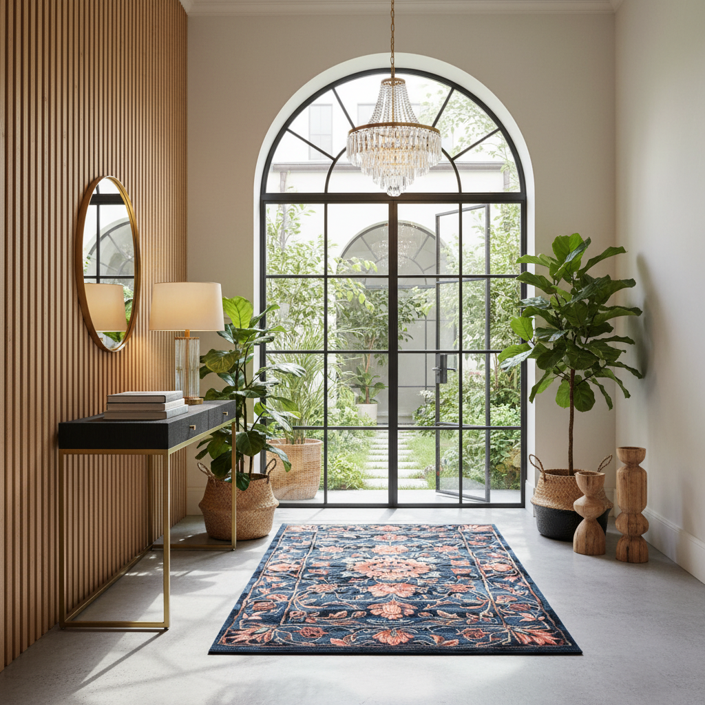 A rectangular area rug with a navy blue background and a detailed floral pattern in terracotta, rust, and beige, styled on a light gray floor in a modern entryway with a slatted wood wall, console table, and large arched window looking out to a garden.