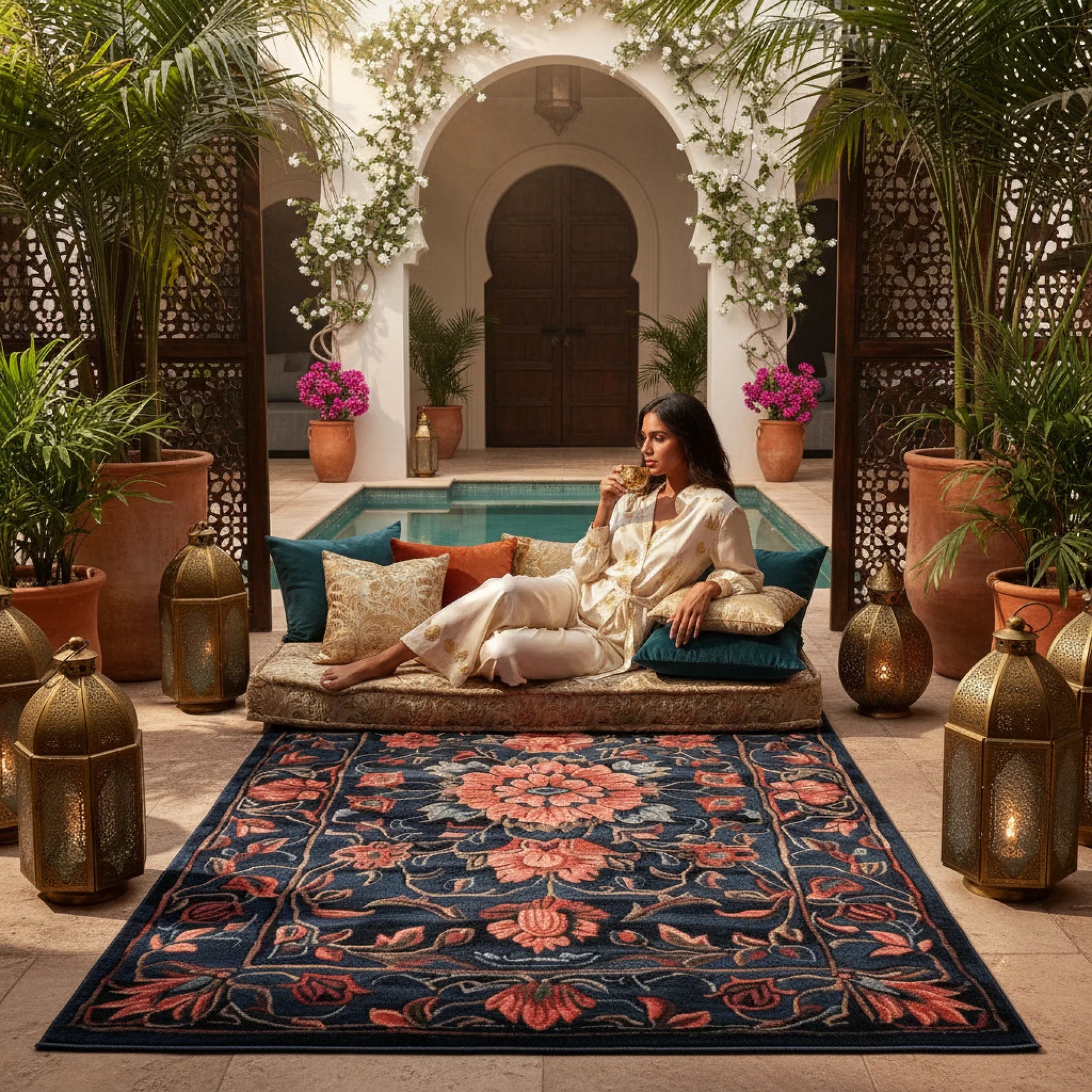 Woman sitting on a decorative rug in a patio with plants and lanterns