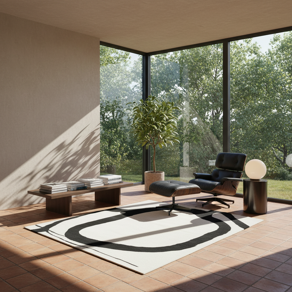 A modern living room interior with a black lounge chair and matching ottoman on a large white rug with bold black curved lines. The room has terracotta tiled floors, beige walls, large floor-to-ceiling windows, and a potted tree. No people or animals are present.