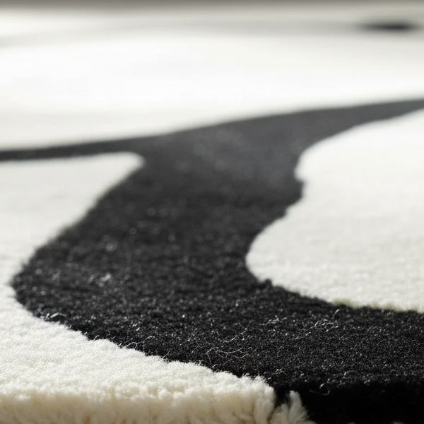 Close-up of a plush area rug with a bold black and off-white organic abstract pattern, showing the soft texture of the pile.