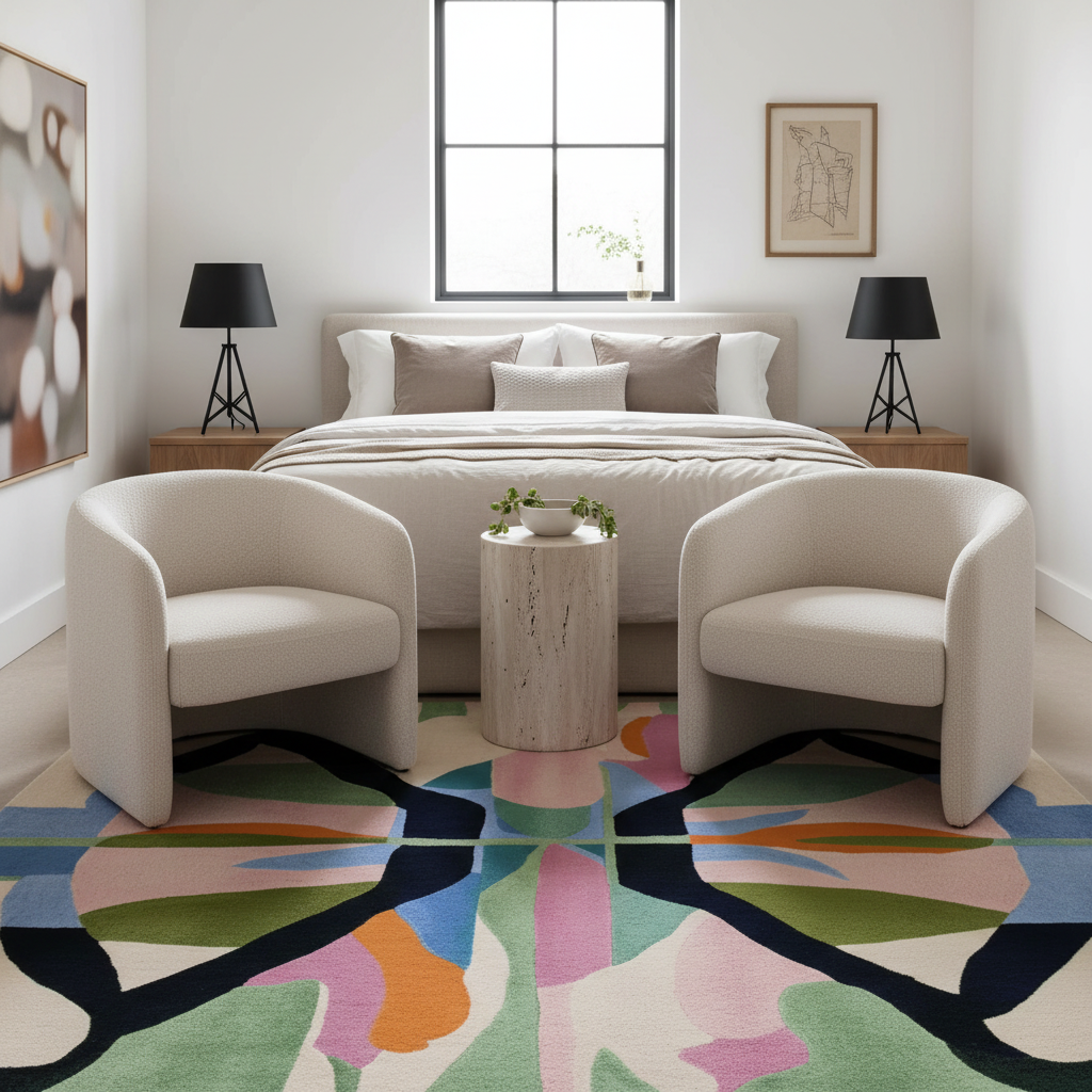 A modern bedroom scene with a large abstract area rug in the foreground, two cream upholstered armchairs, a small round wood side table with a plant, a bed, and matching black bedside lamps.