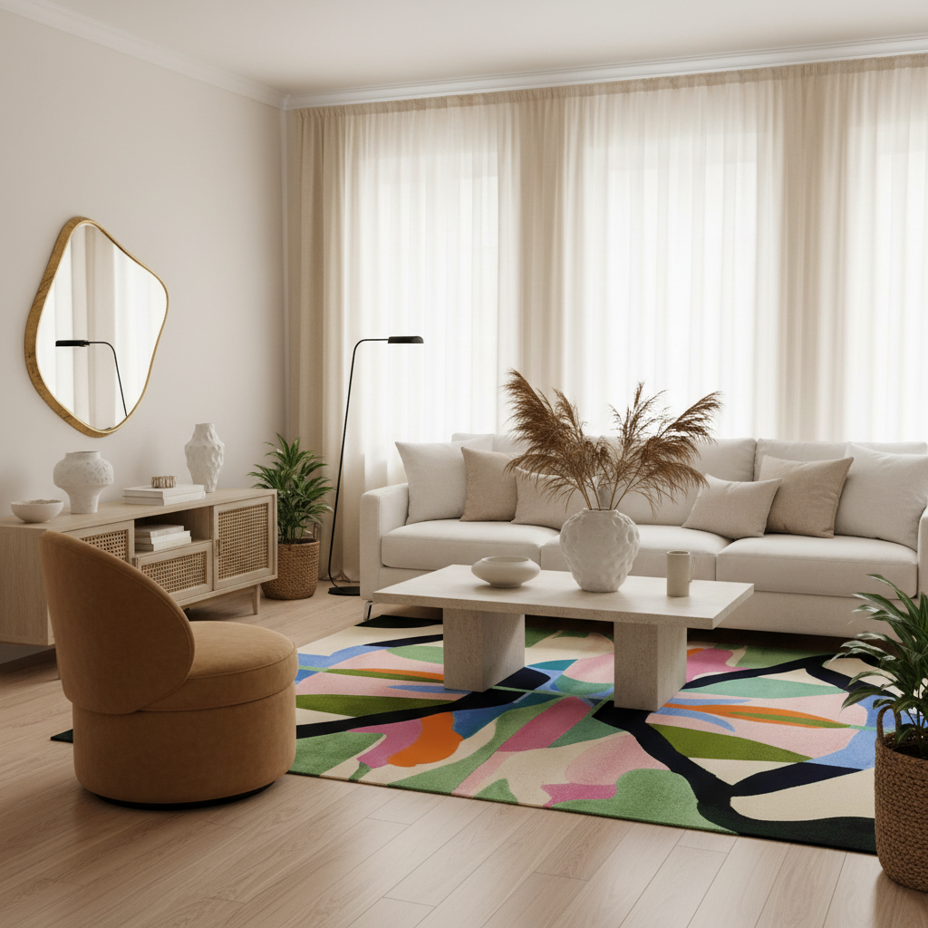 A modern living room featuring a white sofa, a round tan armchair, a colorful abstract-patterned area rug, and neutral beige curtains and walls.
