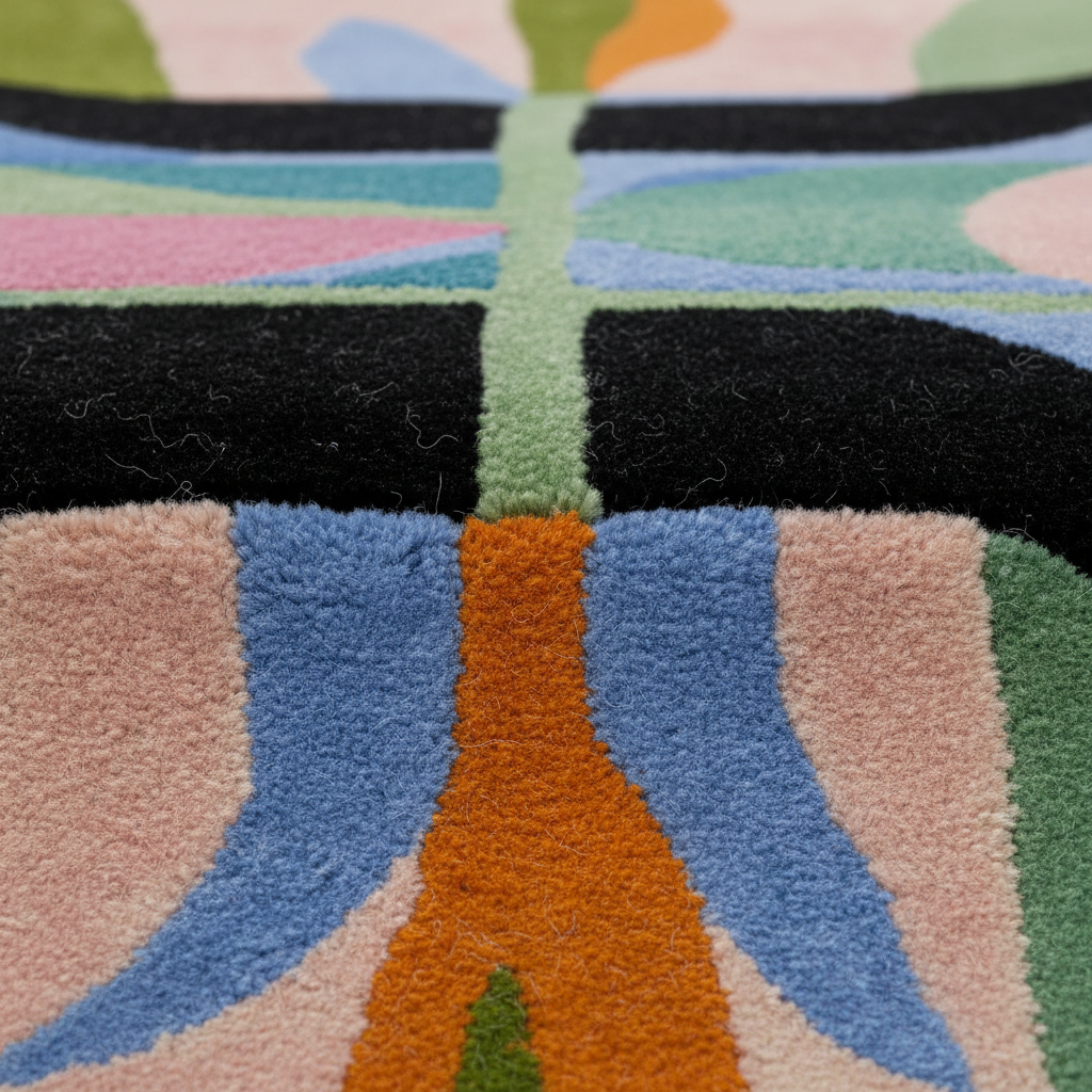 Close-up of a colorful area rug with a retro abstract pattern in shades of pink, blue, green, orange, and black.
