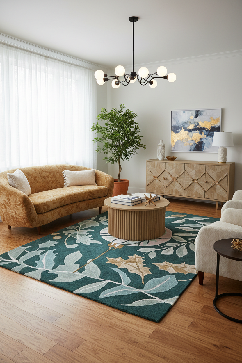 A styled living room featuring a large teal area rug with a botanical leaf pattern, a mustard yellow velvet sofa, a round ribbed coffee table, and a modern black chandelier.