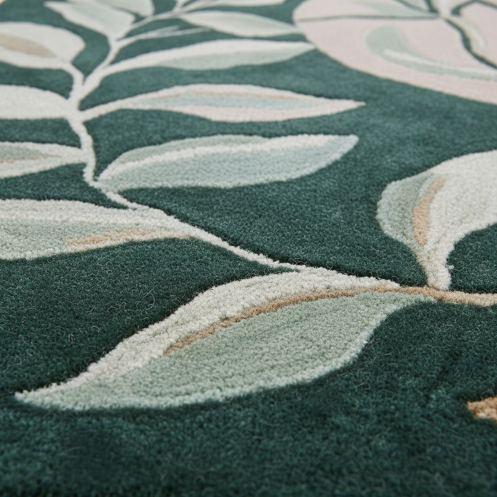Close-up of a plush area rug with a raised botanical leaf pattern in dark green, pale sage, cream, and soft blush tones.
