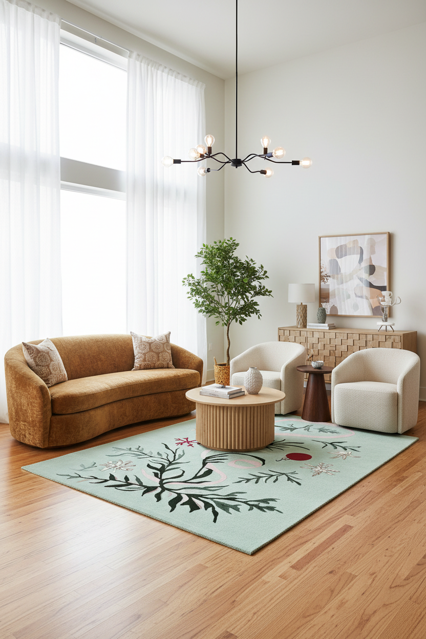 A styled living room interior featuring a mustard yellow curved sofa, two cream armchairs, a round wooden coffee table, a light green area rug with a black botanical pattern, and a black multi-arm chandelier hanging from a black ceiling rod.