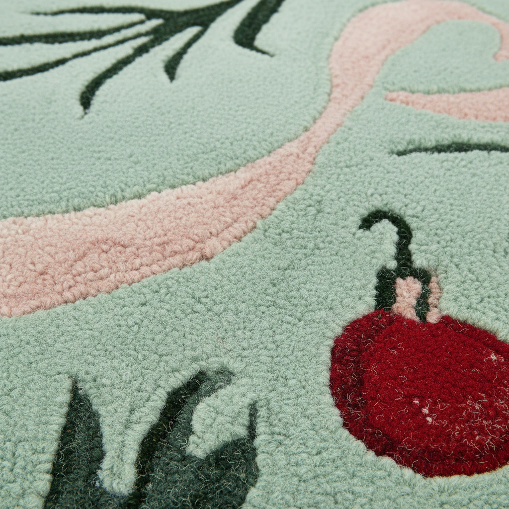 Close-up of a textured rug with a mint green background, a light pink curved stripe, dark green leafy accents, and a red ornament motif.