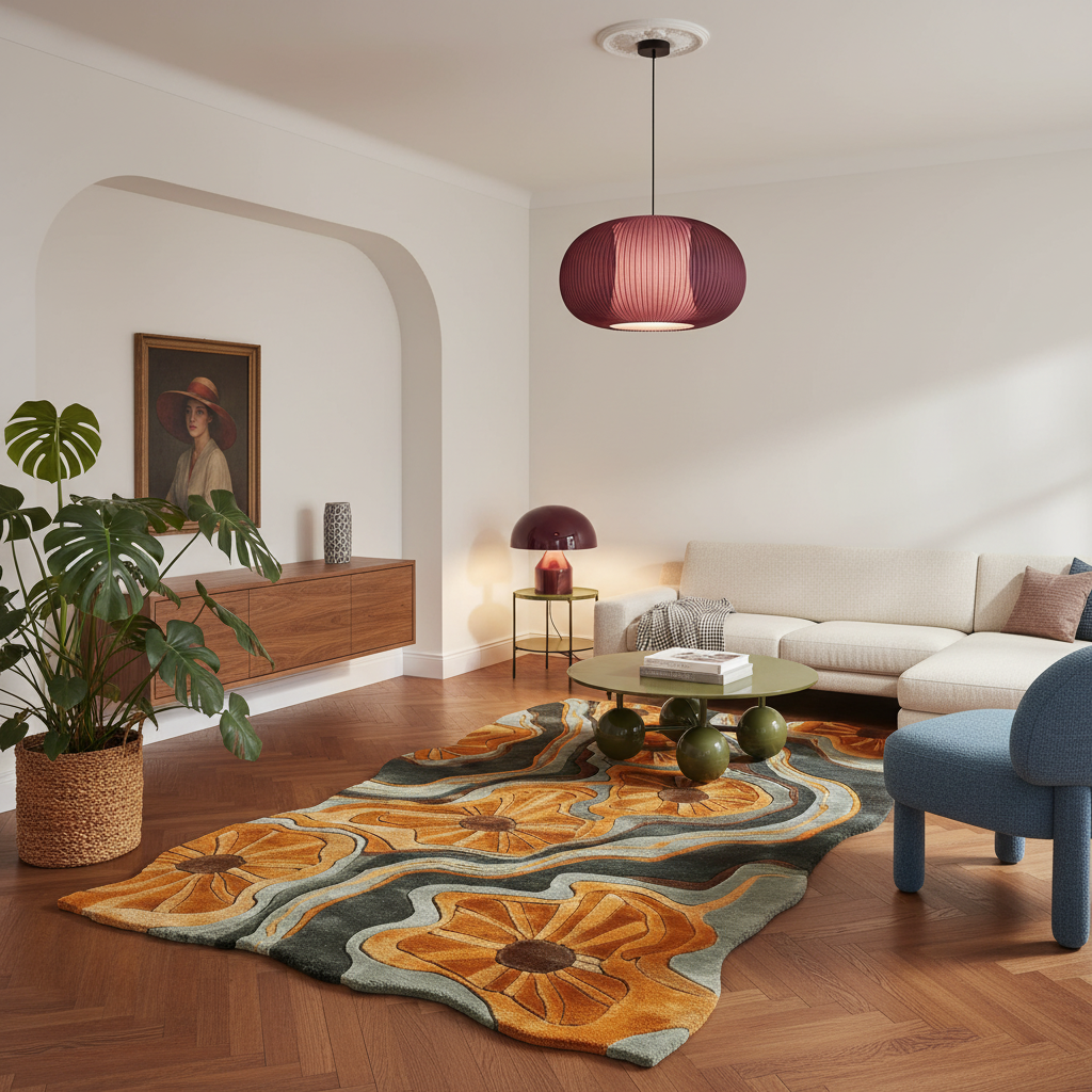 A styled living room interior featuring a large abstract floral area rug in orange, mustard, teal, and gray tones. The room includes a cream sofa, a blue accent chair, a green coffee table, a burgundy pendant light, and a potted plant, all arranged on a wood floor against white walls.