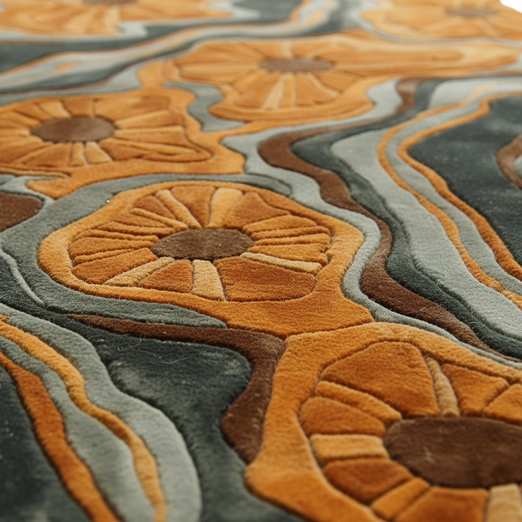 Close-up of a textured area rug with a 3D floral and wavy organic pattern in warm orange, mustard, brown, and slate blue-gray.