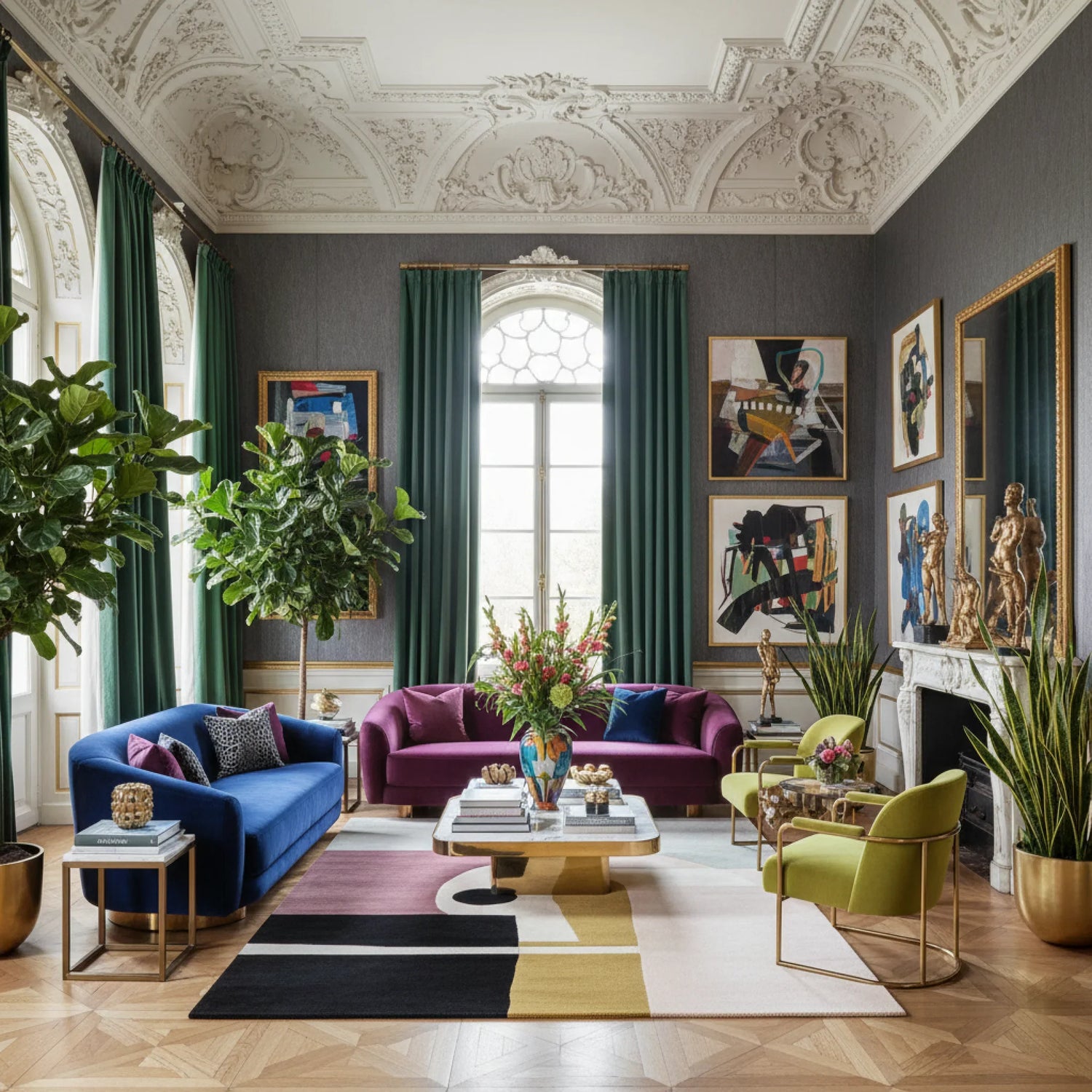 Luxurious living room with colorful furniture, a contemporary wool rug, and decorative elements.