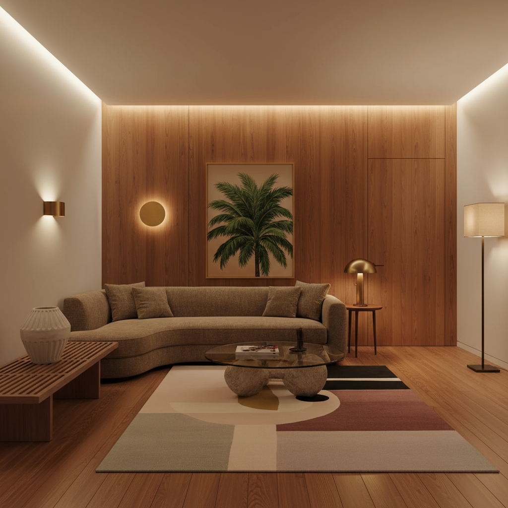 A modern living room with a curved taupe sofa, a large abstract area rug, a glass-top coffee table, and a warm wood-paneled wall featuring a framed palm tree print.