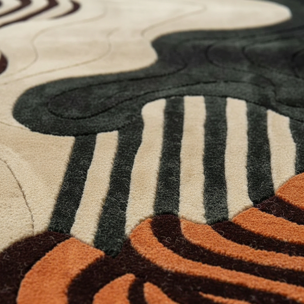Close-up of a textured area rug with an abstract pattern featuring dark green, cream, orange, and brown shapes.