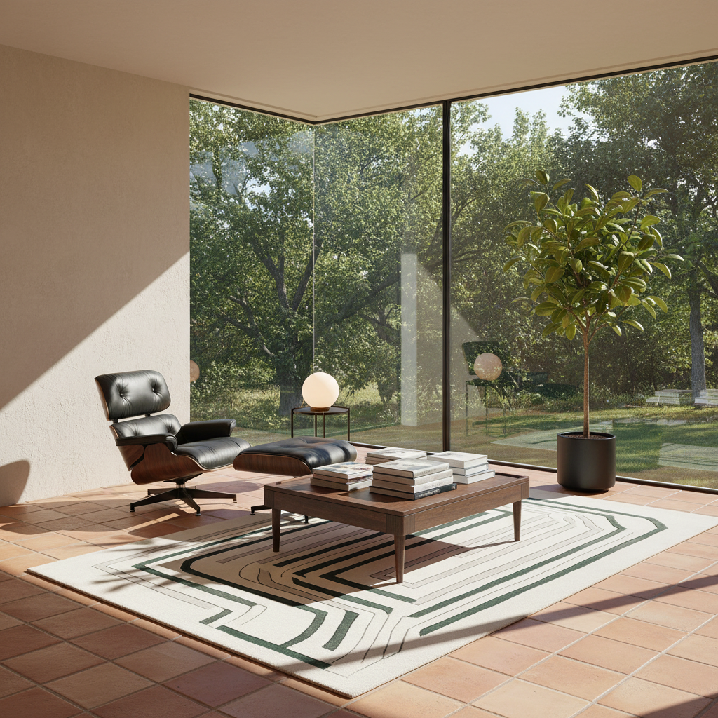 A modern living room interior with a black leather lounge chair, matching ottoman, low wooden coffee table, books, a patterned rug, and a tall potted plant, set in a sunlit room with large floor-to-ceiling windows overlooking a green outdoor area.