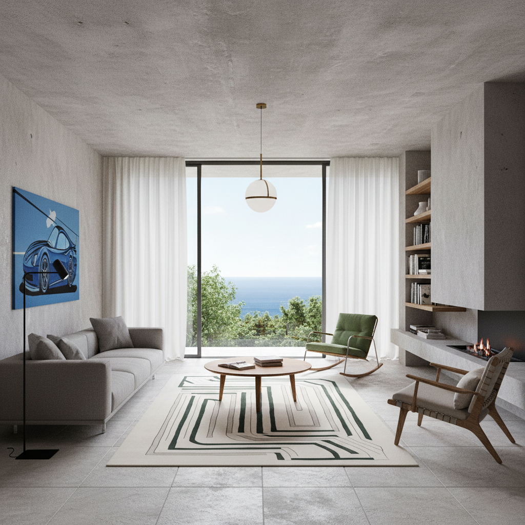 A modern living room with a concrete ceiling and floor, featuring a gray sofa, a round coffee table, a patterned rug, a green accent chair, and a large window overlooking the ocean.