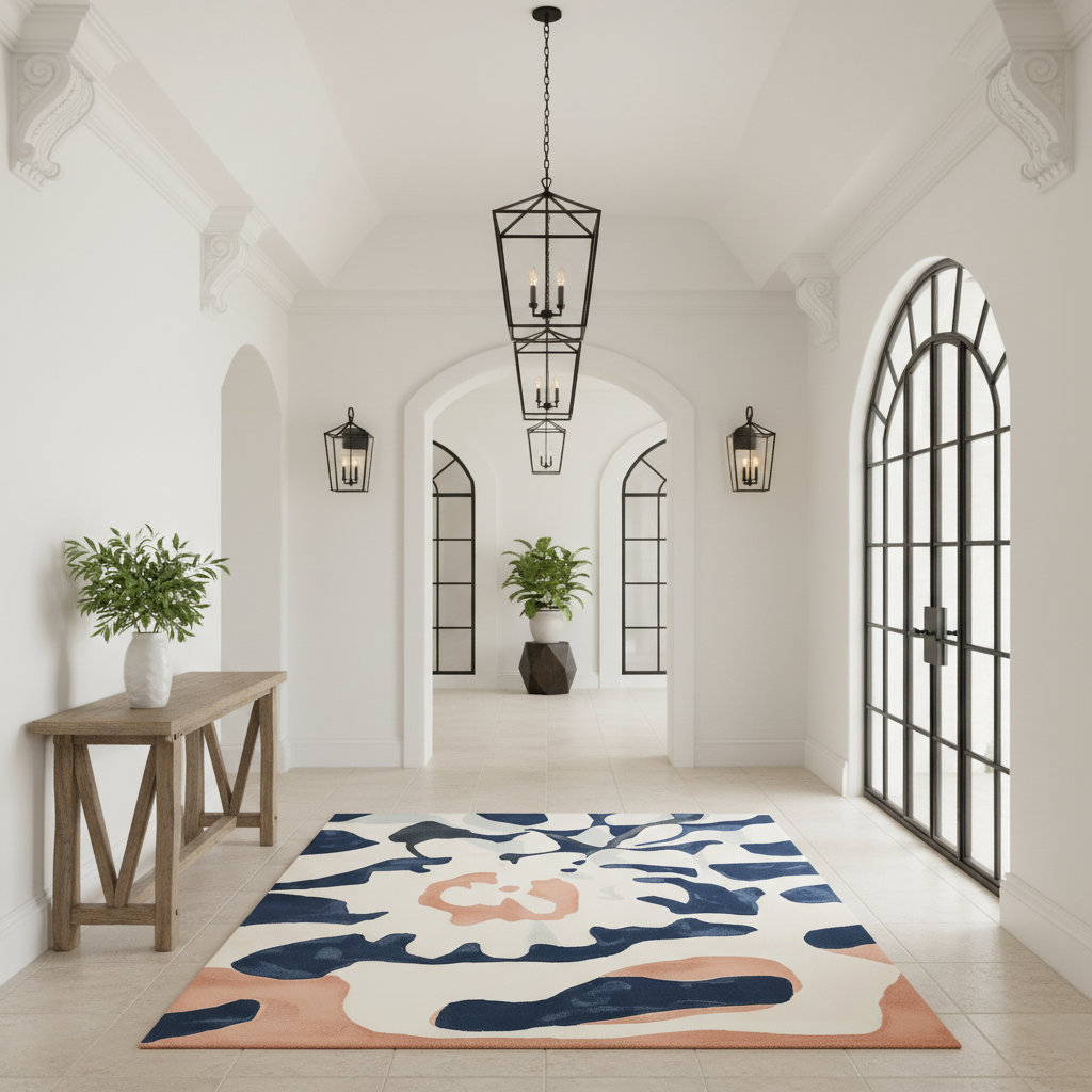 A modern abstract area rug with navy, cream, and peach organic shapes, styled in a bright, modern entryway with white walls, arched windows, and a wooden console table.