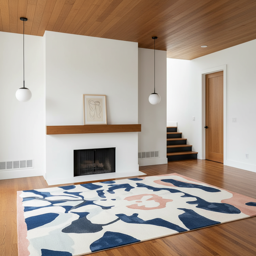 A large area rug with an abstract floral pattern in navy blue, dusty pink, and light blue on a cream background, styled in a modern living room with hardwood floors and a white fireplace.