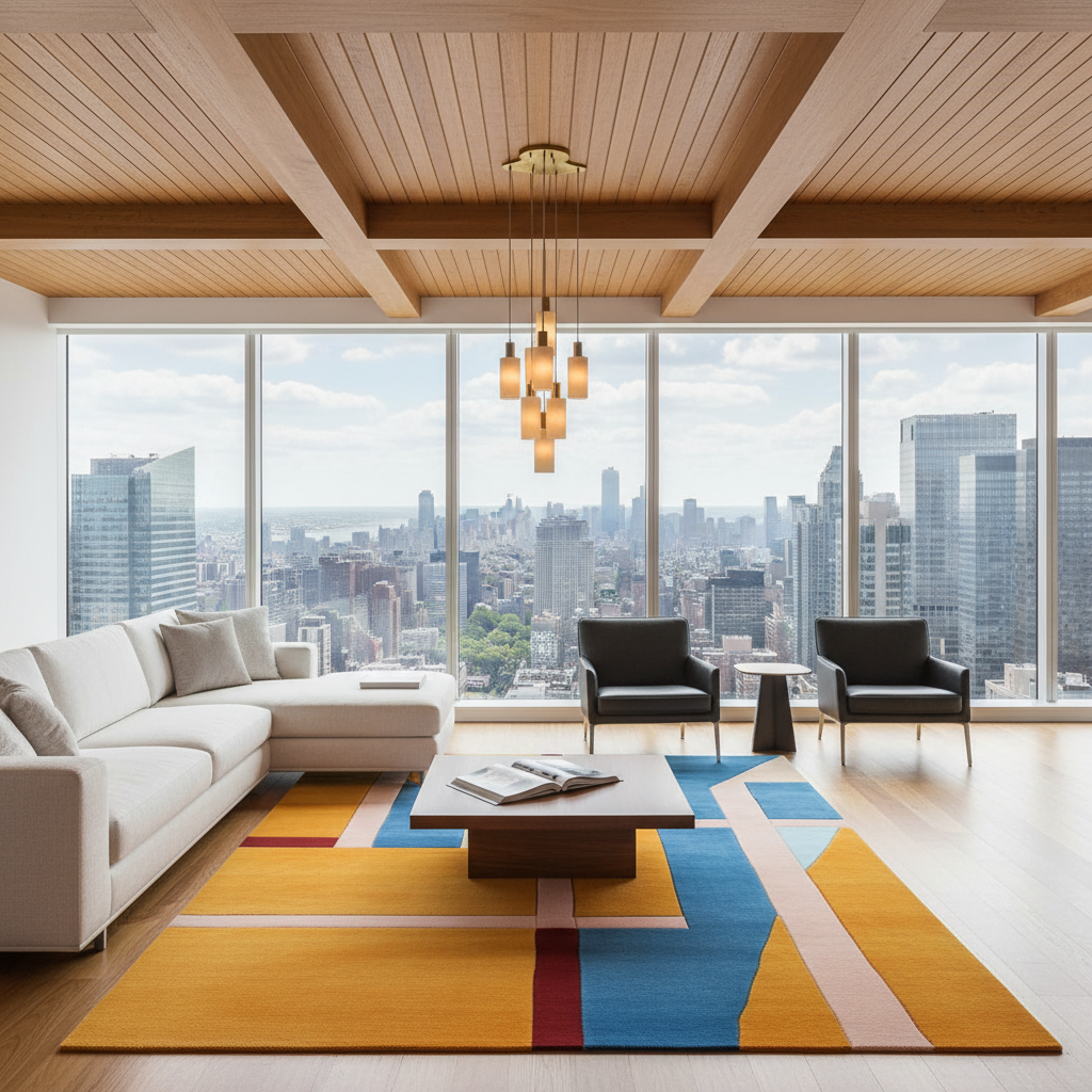 A modern living room with a large white sectional sofa, two black armchairs, a wooden coffee table, and a bold geometric area rug in yellow, blue, and red. The room has a high wood-paneled ceiling, large floor-to-ceiling windows overlooking a city skyline, and a hanging multi-light pendant fixture.