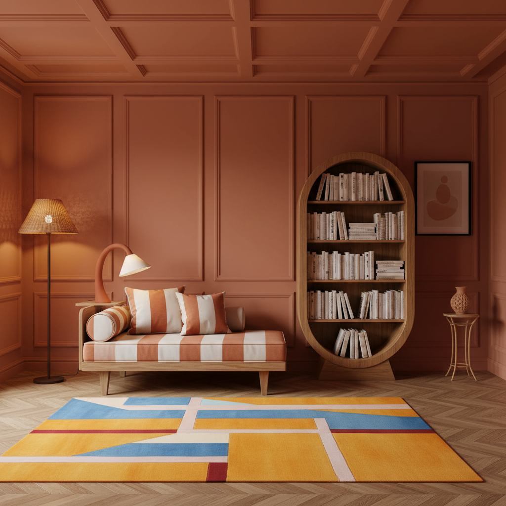 A styled interior room with terracotta paneled walls, a striped daybed, an oval bookcase, a floor lamp, and a large abstract area rug in yellow, blue, white, and rust tones.