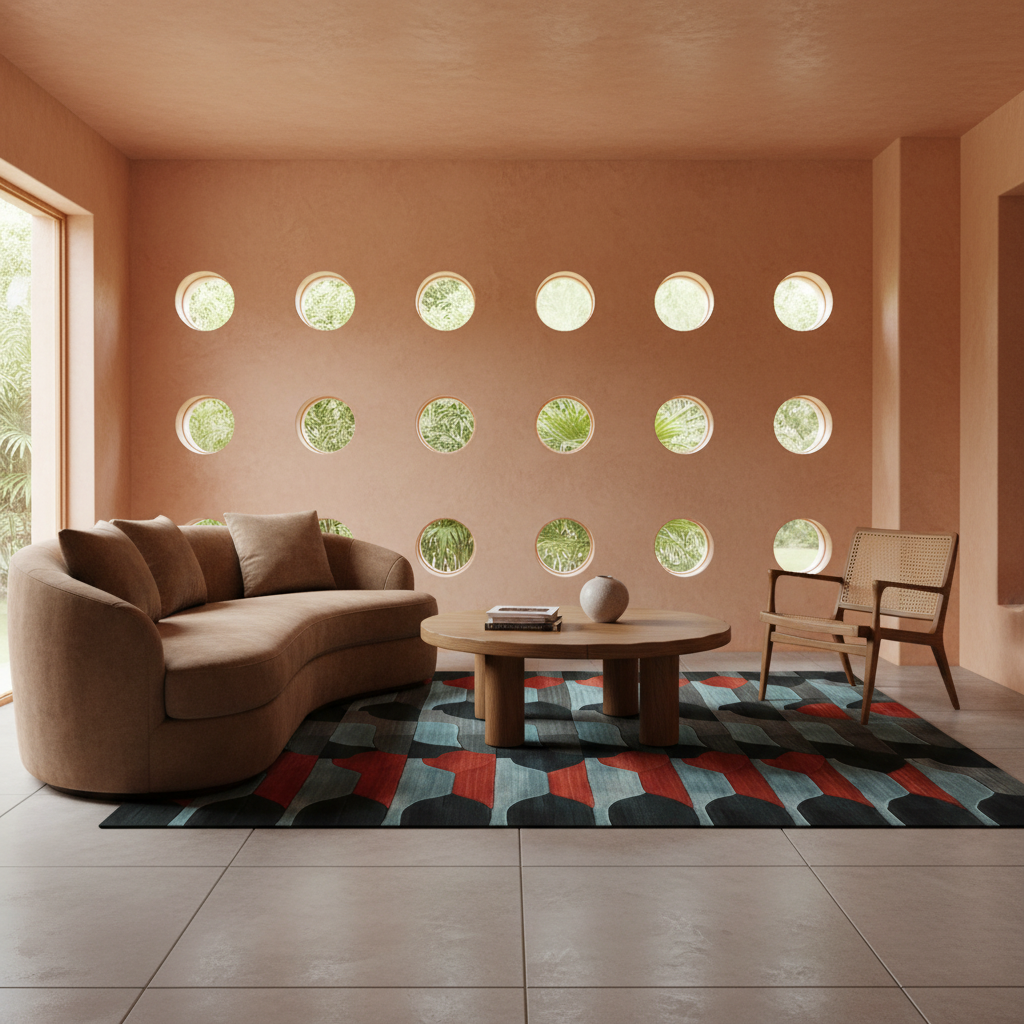 A modern living room scene with a curved tan sofa, round wooden coffee table, patterned rug, and a chair, set against a terracotta wall with circular window cutouts.