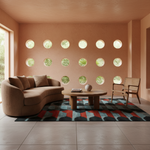 A modern living room scene with a curved tan sofa, round wooden coffee table, patterned rug, and a chair, set against a terracotta wall with circular window cutouts.