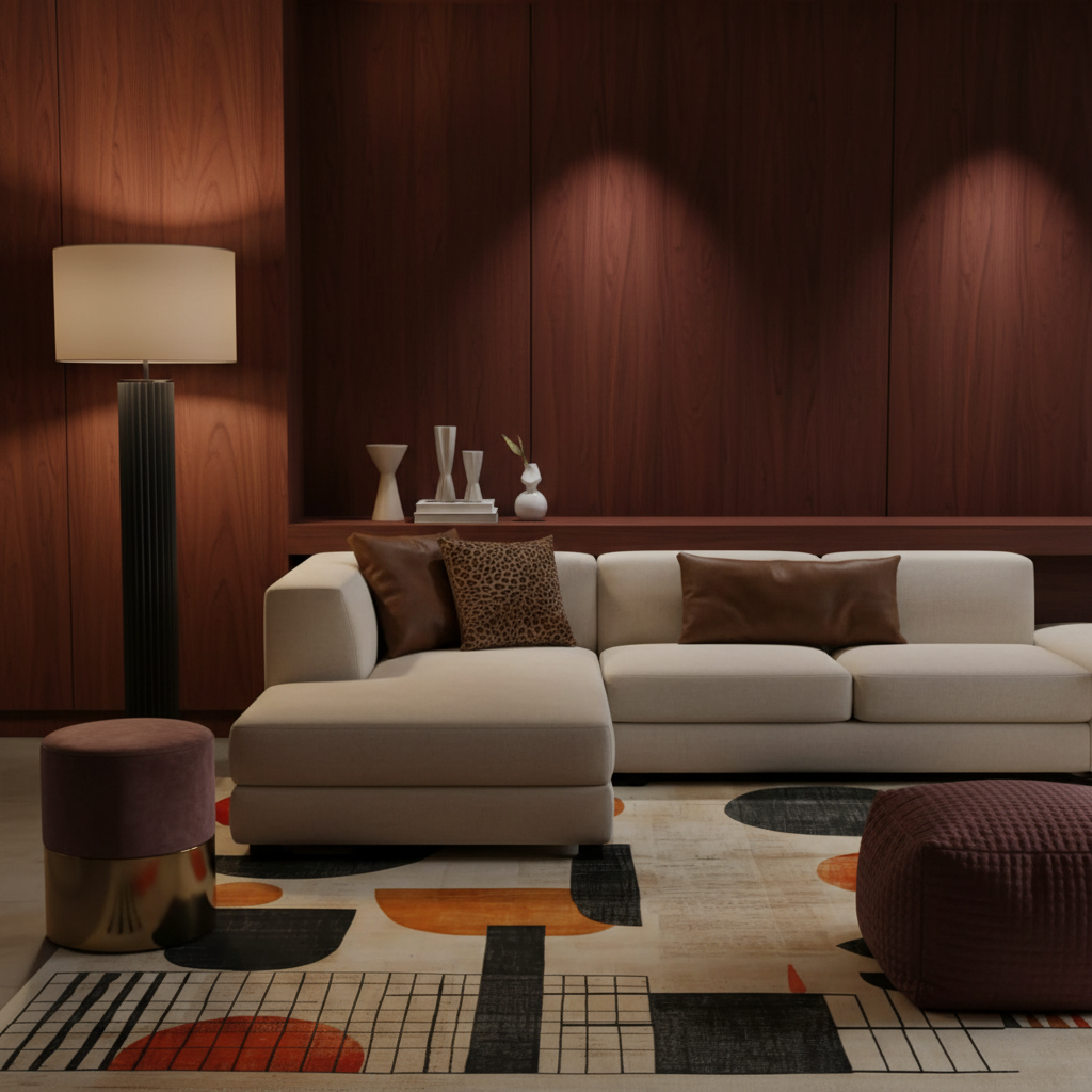 A modern living room scene featuring a cream-colored sectional sofa with brown and leopard-print pillows, set against a dark wood-paneled wall. A black floor lamp with a white drum shade stands to the left, and a patterned rug with abstract shapes covers the floor. A purple cylindrical ottoman is in the foreground.