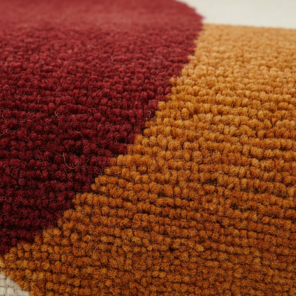 Close-up of a textured, loop-pile rug with a diagonal color-block design in deep burgundy red and warm mustard orange.