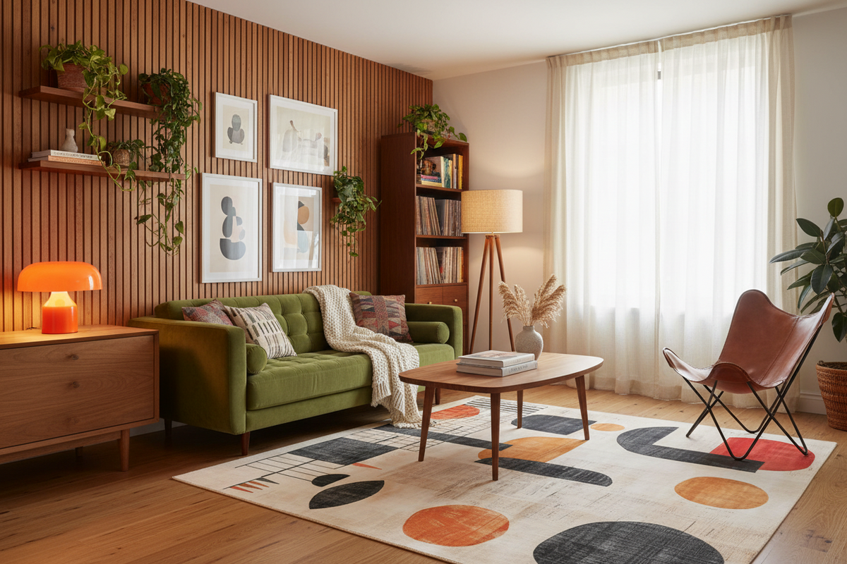 A styled living room interior with a green sofa, patterned rug, wood slat wall, bookshelf, chair, and large window with sheer curtains.