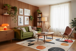 A styled living room interior with a green sofa, patterned rug, wood slat wall, bookshelf, chair, and large window with sheer curtains.
