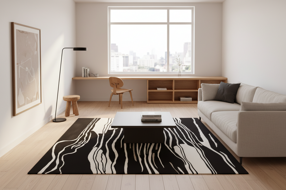 A modern living room featuring a prominent black and white abstract patterned area rug on light wood flooring, styled with a light gray sofa, a black coffee table, and a minimalist desk setup by a large window.