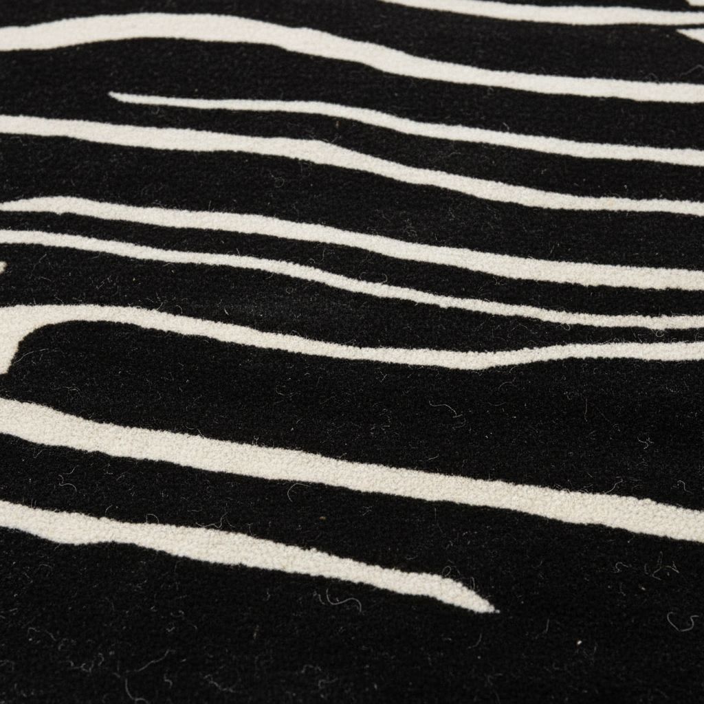 A close-up of a black and white zebra-patterned textile, showing the texture of the wool or felt material with wavy white stripes on a black background.