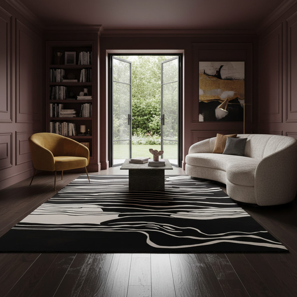 A modern living room with dark wood paneling, a black and white abstract patterned area rug, a cream curved sofa, a mustard yellow armchair, and tall bookshelves. Large glass doors open to a green garden.