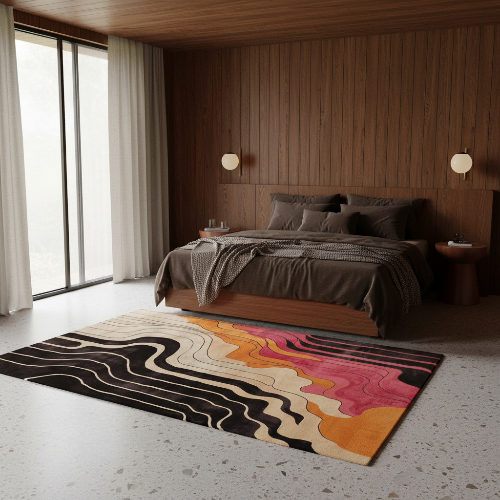 A modern bedroom with wood-paneled walls and a bed, featuring a large abstract area rug on the floor with wavy black, beige, orange, and pink patterns.