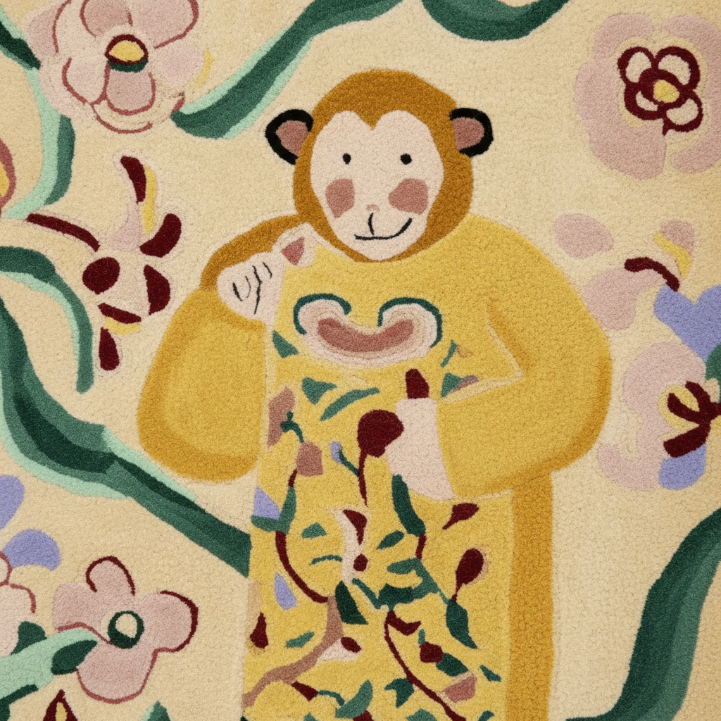A close-up of a textured rug featuring a stylized yellow monkey character in a floral-patterned robe, surrounded by pink flowers and green leaves on a cream background.