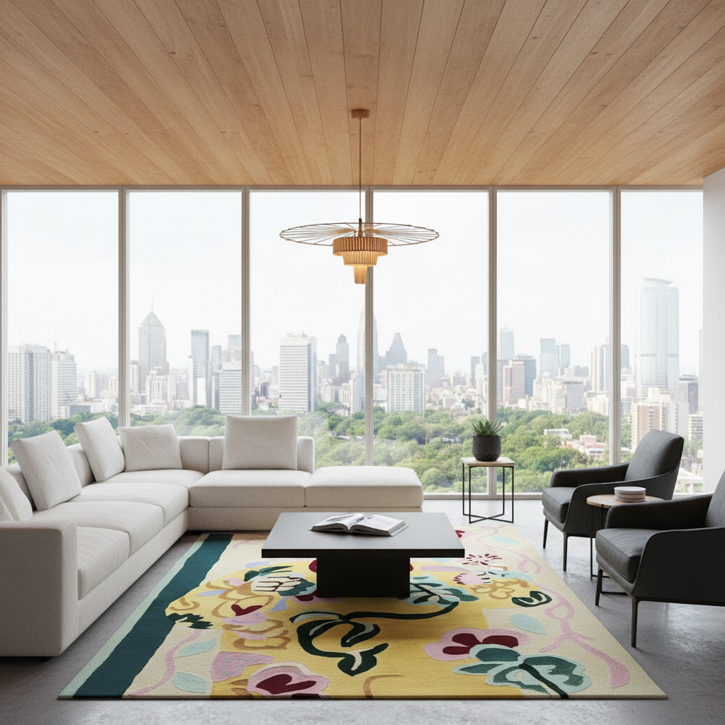 A modern living room with a large white sectional sofa, dark gray armchairs, a black coffee table, and a colorful floral area rug. The room has a light wood ceiling, large floor-to-ceiling windows showing a city skyline, and a hanging pendant light.