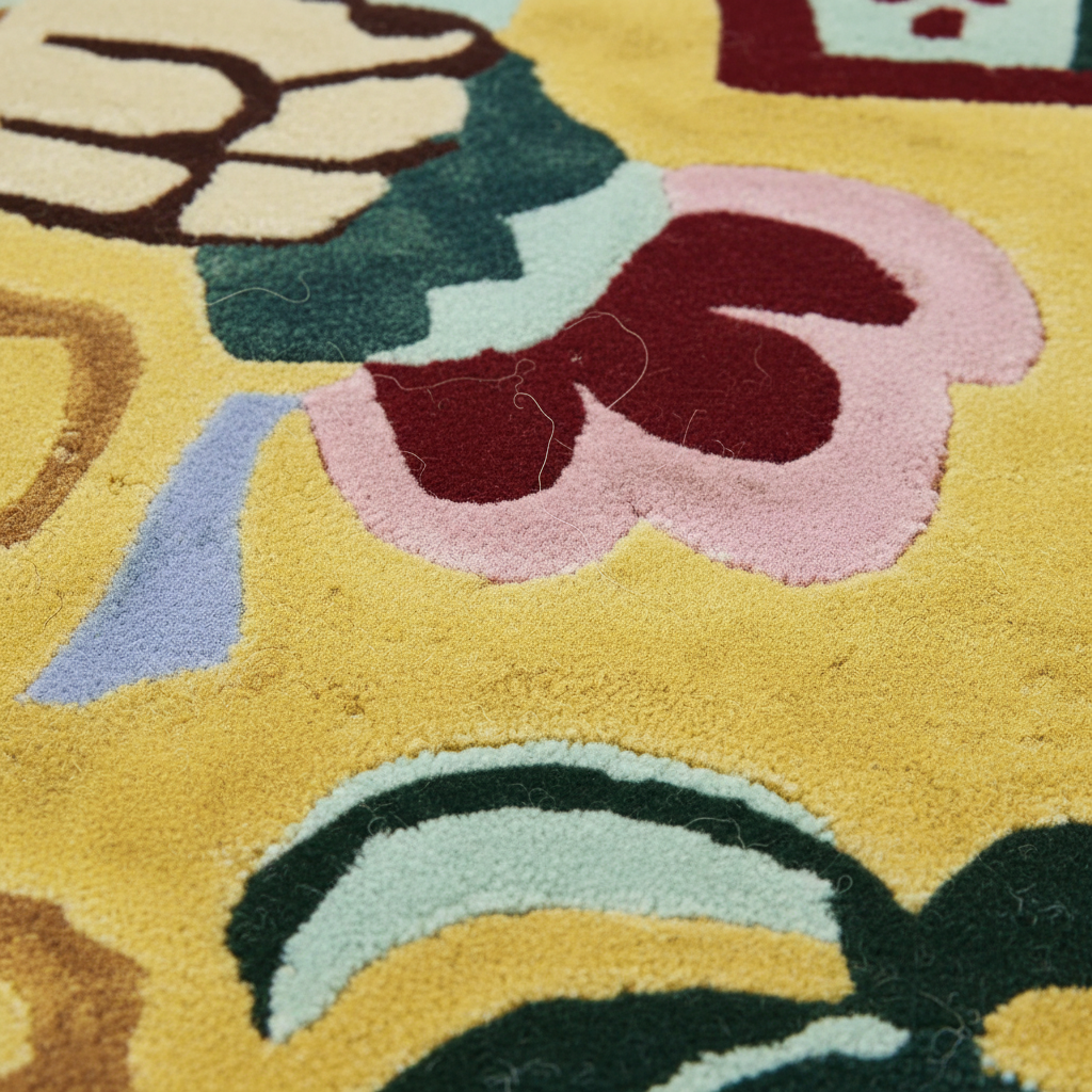 Close-up of a plush tufted rug with a multicolor floral pattern on a bright yellow background.