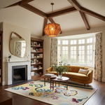 A beautifully styled living room featuring a mustard yellow sofa, a colorful floral patterned area rug, a geometric pendant light, and a large bay window with floral curtains.