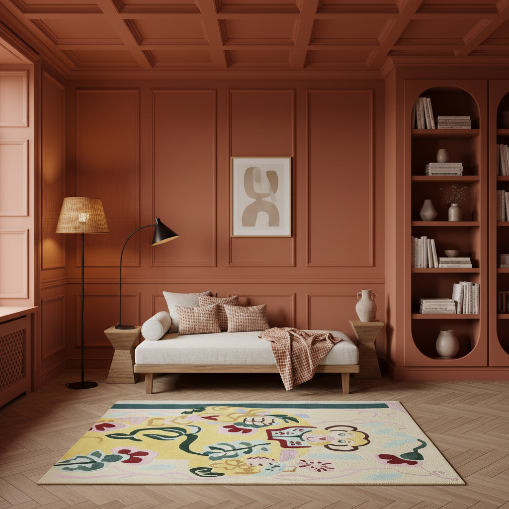 A styled interior room with terracotta paneled walls, a cream daybed with pillows and a throw, a floor lamp, shelving, and a colorful abstract area rug on a wood floor.