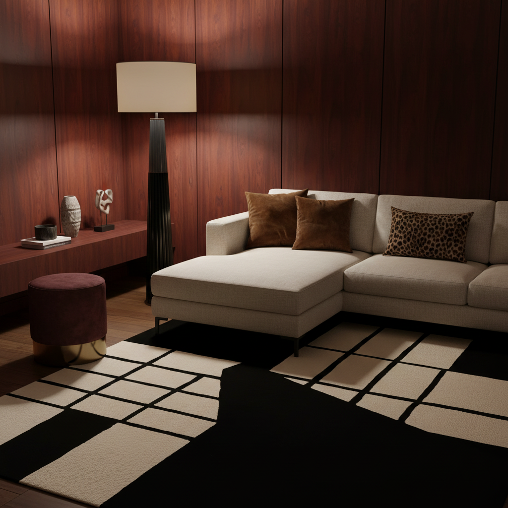 A modern living room scene featuring a cream-colored sectional sofa with brown and leopard-print pillows, set against a dark wood-paneled wall. A black and cream geometric patterned rug covers the floor, and a black floor lamp stands on the left.