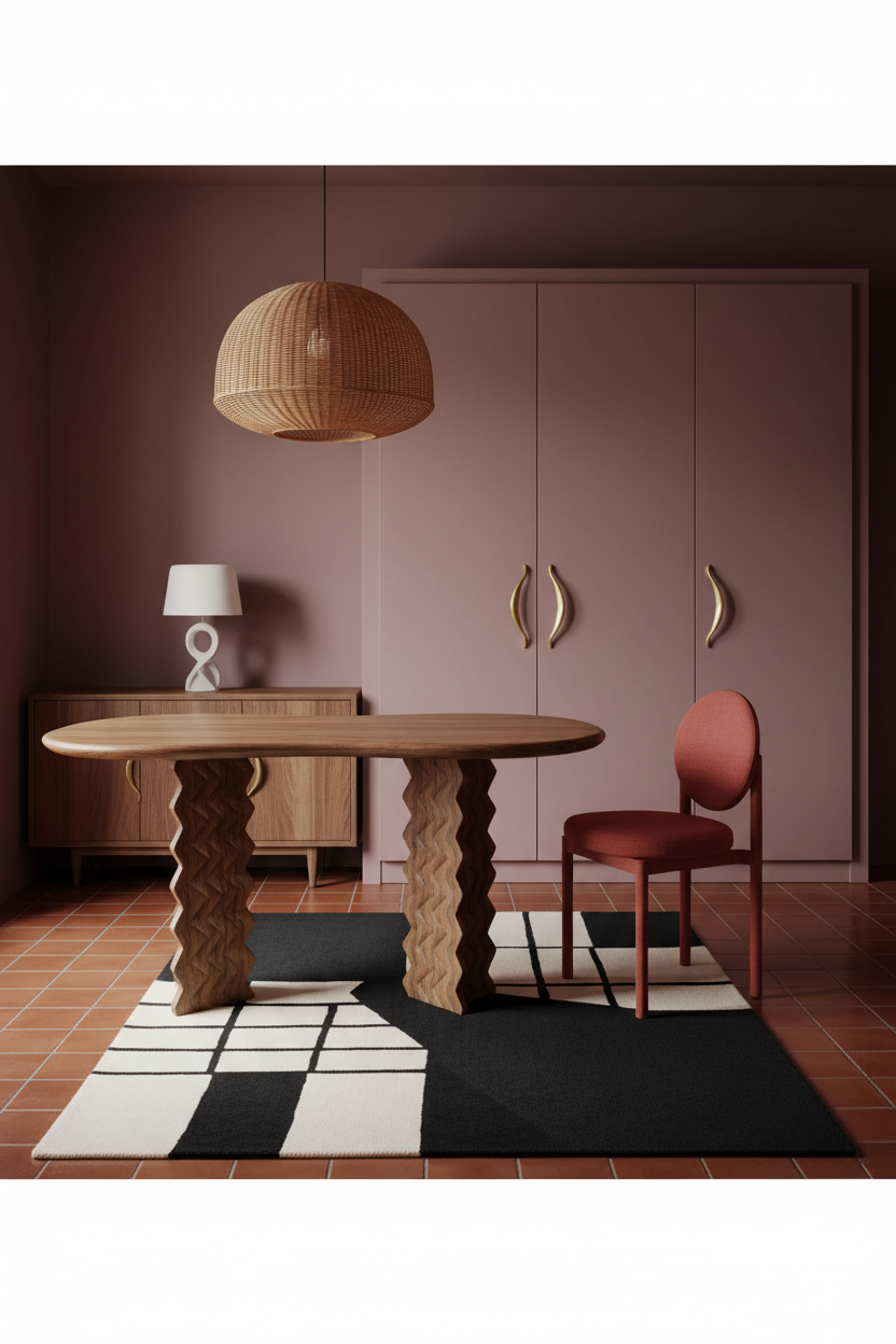 A styled interior scene with a round wooden dining table, sculptural wavy legs, a reddish-brown chair, a woven pendant light, a geometric black-and-white rug, and a muted pink wardrobe in the background.