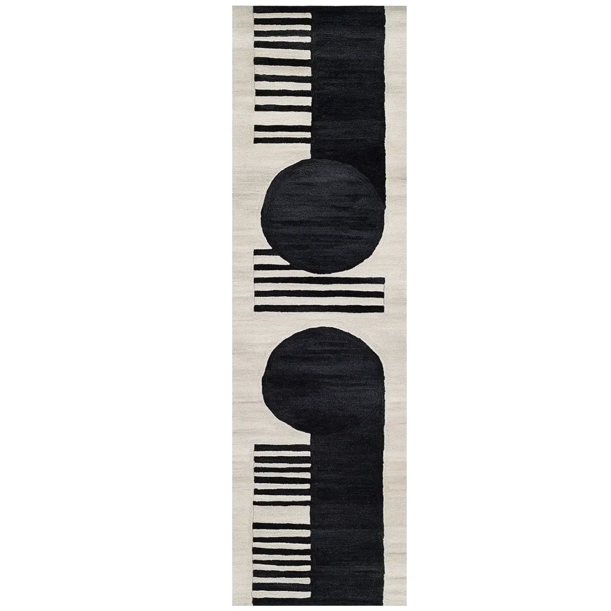 Moon Edge wool rug runner with black circular moon shapes on a striped cream and black ground