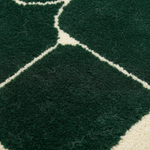 Close-up of a textured rug with a dark forest green and cream geometric pattern.