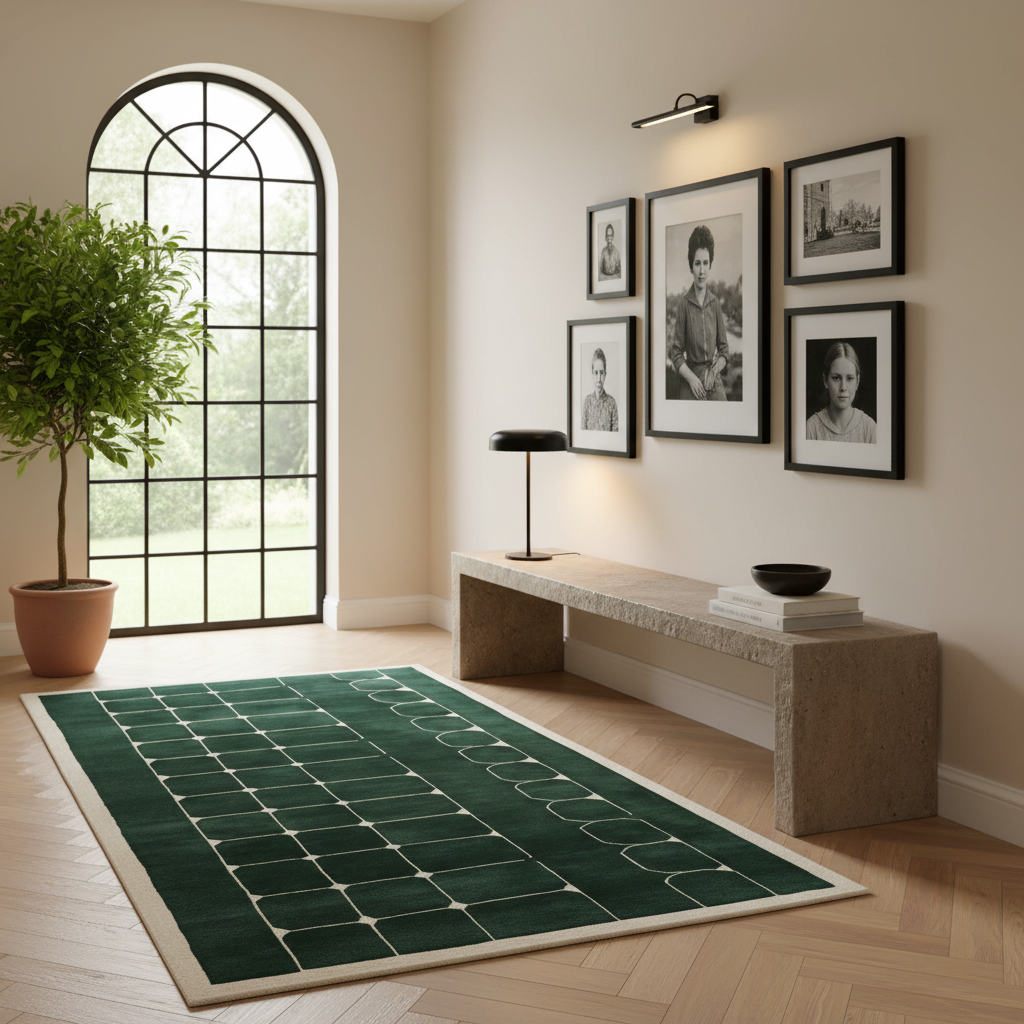 A dark green area rug with a cream geometric grid pattern is styled in a modern, warm-toned living room next to a large arched window, a stone bench, and framed black-and-white portraits.