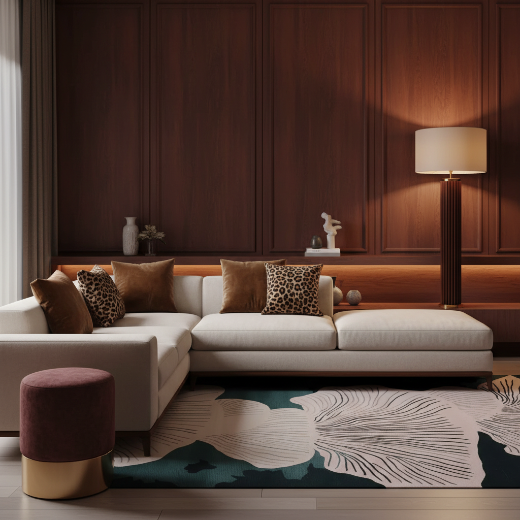 A modern living room scene featuring a white sectional sofa with brown and leopard-print pillows, a round burgundy and gold ottoman, a dark wood-paneled wall, a floor lamp, and a large abstract-patterned rug.