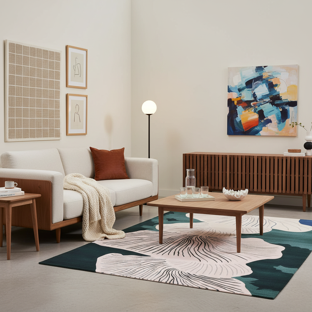 A modern living room scene with a white sofa, wooden coffee table, patterned rug, side table, floor lamp, and abstract wall art in a warm neutral interior.