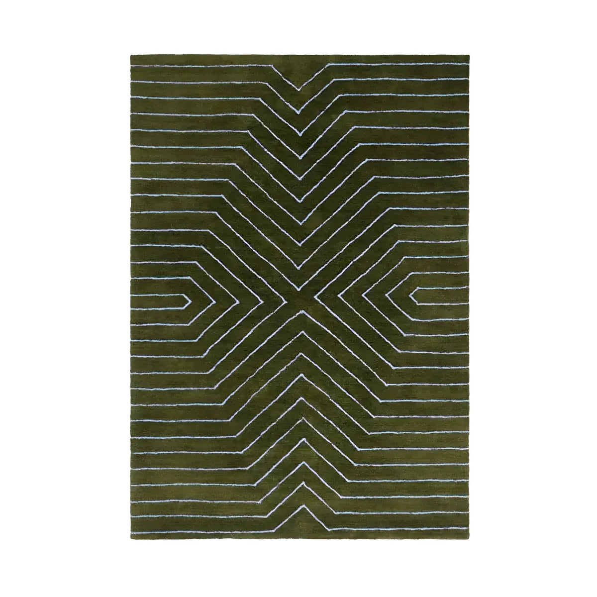 Green rug with white geometric pattern on a white background