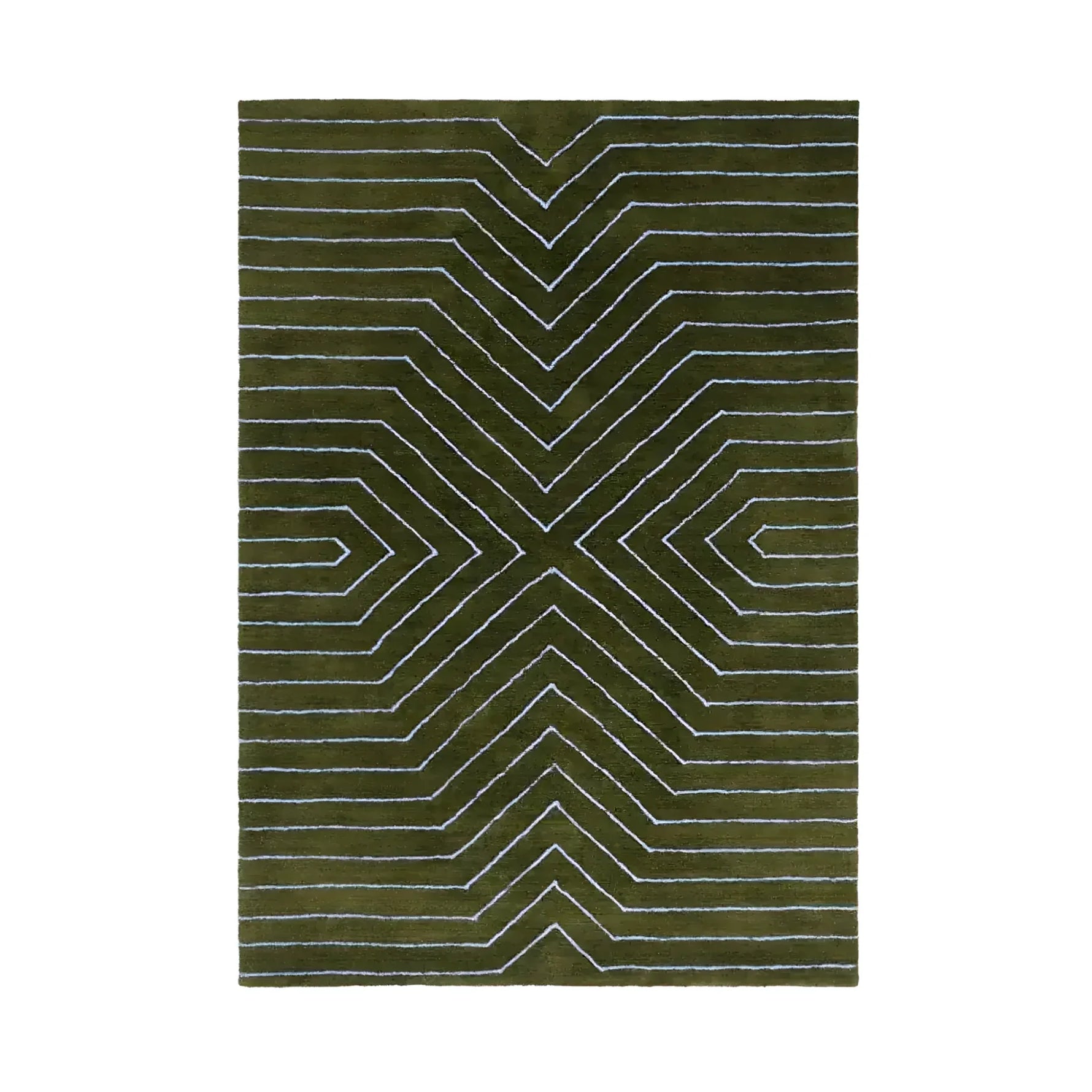 Green rug with white geometric pattern on a white background