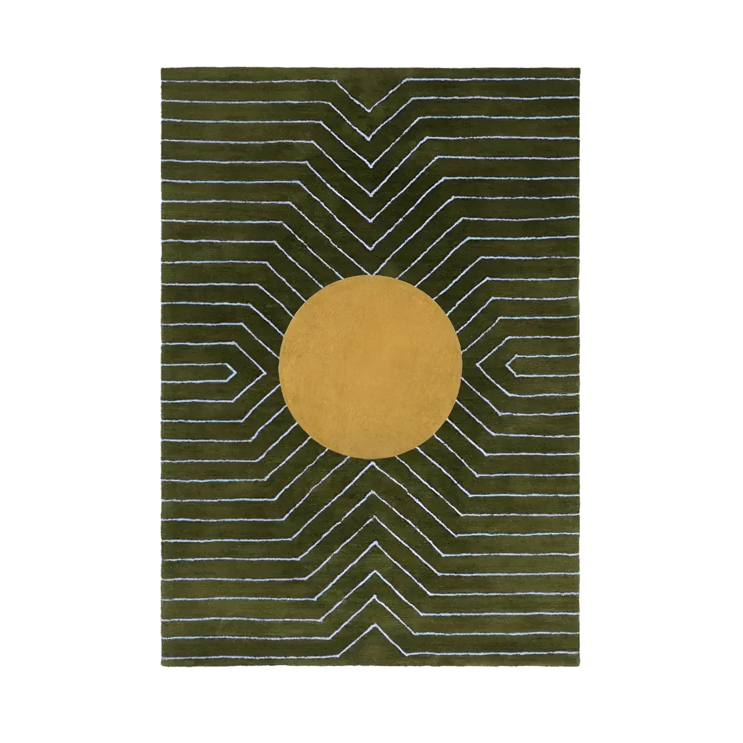 A contemporary moss green wool area rug with a striking gold circle in the center, featuring geometric zigzag patterns. Perfect for enhancing the aesthetic of a dining room or as a centerpiece in living room rugs 8x10. This hand-tufted wool rug brings a modern touch to any living room area.
