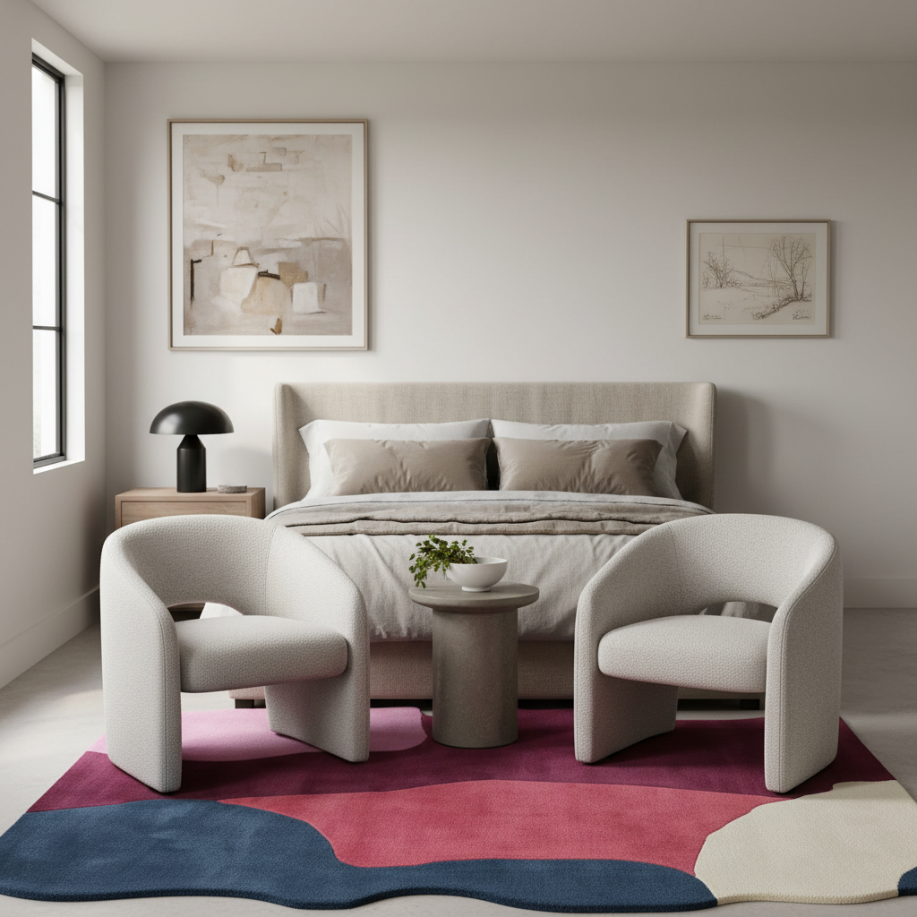 A modern bedroom scene with a bed, two sculptural white armchairs, a small round side table, a black floor lamp, framed wall art, and a bold abstract area rug in pink, blue, navy, and cream.