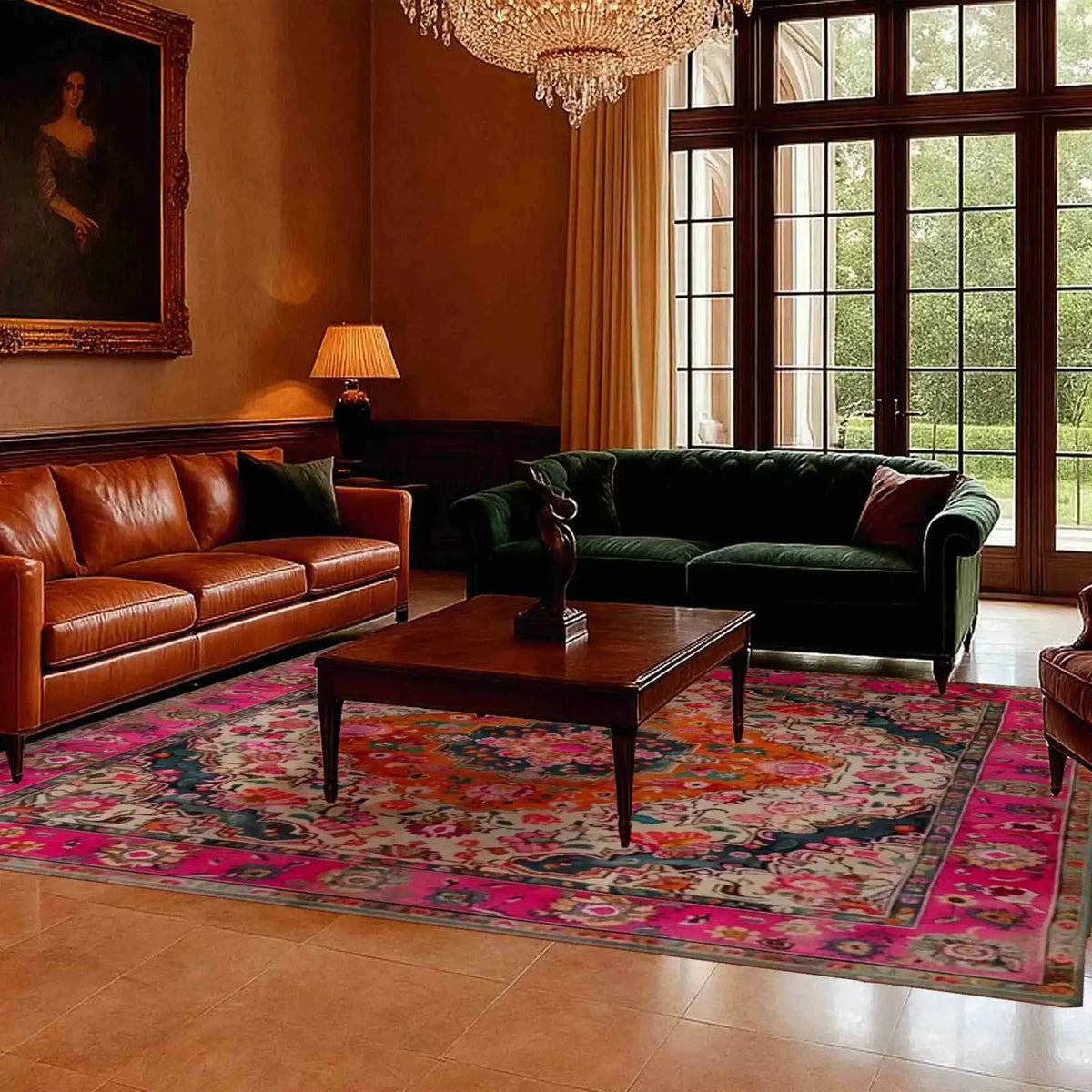 Luxurious living room with brown leather sofa, green velvet sofa, and a colorful rug.