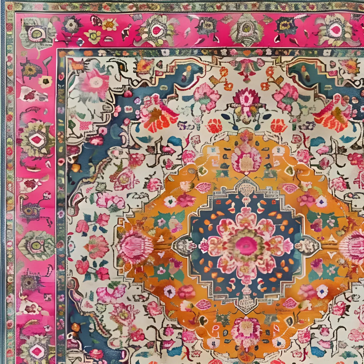 Colorful floral and geometric patterned rug with a pink border